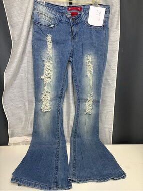 Red Rivet Medium Blue Distressed Flare Jeans Size 9